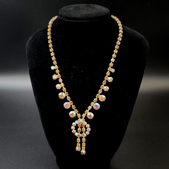 Vintage Rhinstone Necklace Aurora Borealis & Citrine - Picture 1 of 7